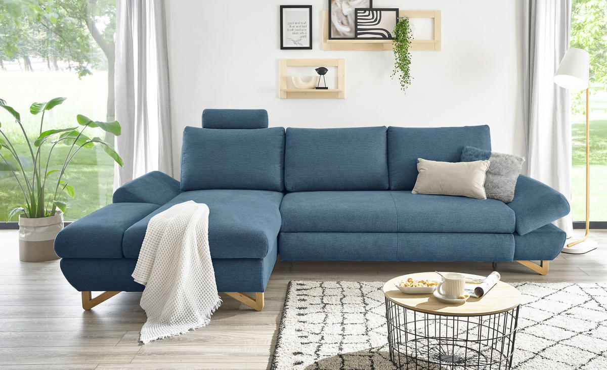 ECKSOFA blau Struktur-Stoff, Sofa mit Bettfunktion und Stauraum 284 cm - Blau, Holz/Textil (166/284cm) - Furn.Design