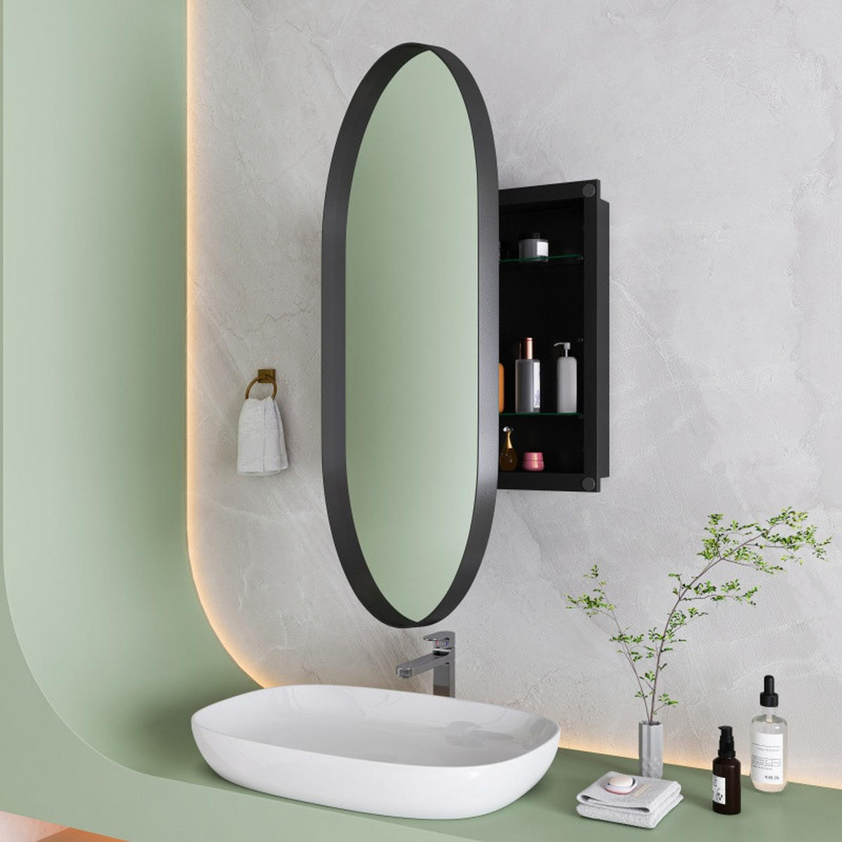 SPIEGELSCHRANK Bad Schwarz mit Metallrahmen, Glasablagen und Wandmontage - Schwarz, Glas/Holz (10/85/51cm) - PARAFTA HOME