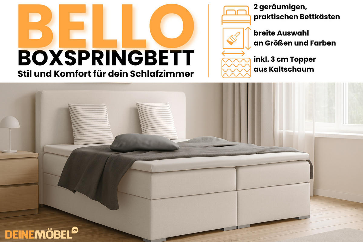 BOXBETT BELLO 180x200 in Velour Creme H3 - Creme, Holz/Holzwerkstoff (180/200cm) - Deine Möbel 24