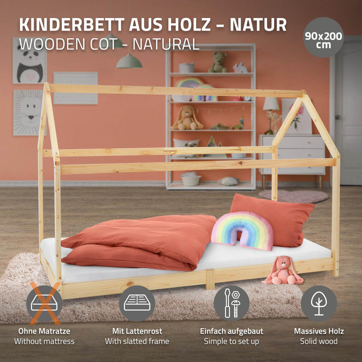 KINDERBETT mit Dach 90x200 cm Natur - Naturfarben, Holz (90/200cm) - ML-DESIGN