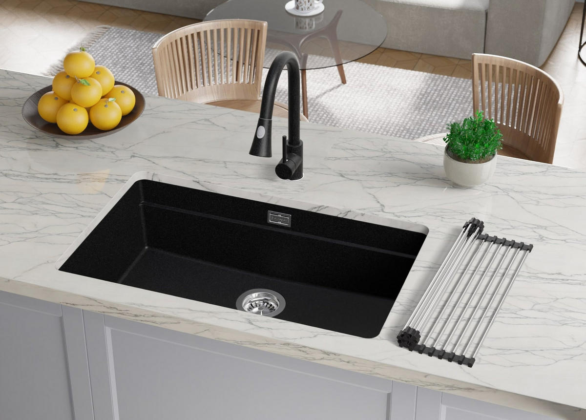 UNTERBAUSPÜLE GRANIT Praga, 2-er set Anthrazit 86/47 cm 1 Becken + Ablauf-Set + Aufrollbare Abtropffläche ab 90er Unterschrank - Chromfarben/Anthrazit, Kunststoff (86/20/47cm) - Primagran