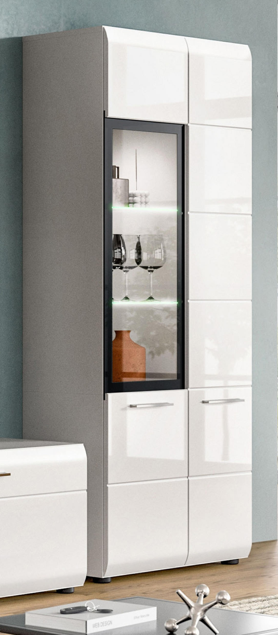 VITRINE weiß Hochglanz 60 x 160 cm, Vitrinenschrank mit 10 Fächern - Weiß Hochglanz/Silberfarben, Glas/Holzwerkstoff (60/160/34cm) - Inn.Furn