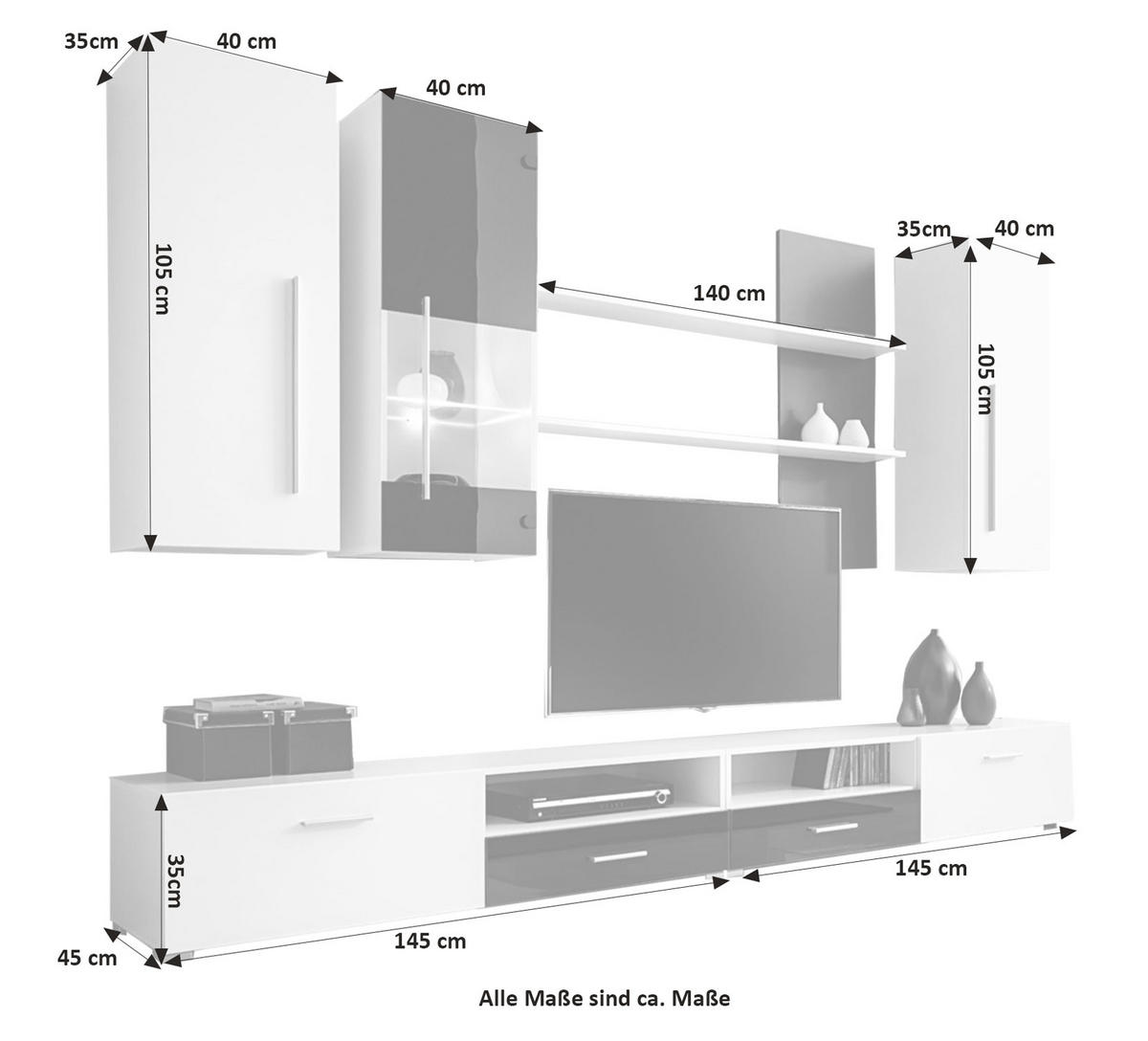 WOHNWAND 6-TEILIG Torino / weiß / schwarz Hochglanz 290 / 45 / 195cm - Schwarz/Weiß, Holzwerkstoff/Kunststoff (290/195/45cm) - Feldmann-Wohnen