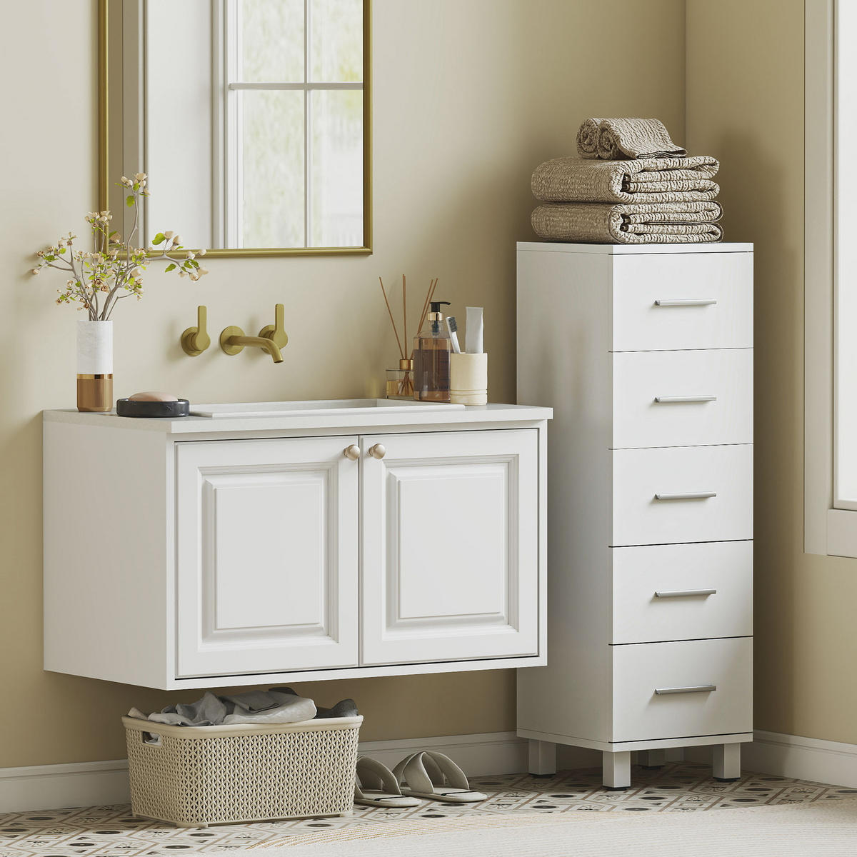 KOMMODE Spanplatte Weiß - Silberfarben/Weiß, Holzwerkstoff/Metall (30/95/30cm) - HOMCOM