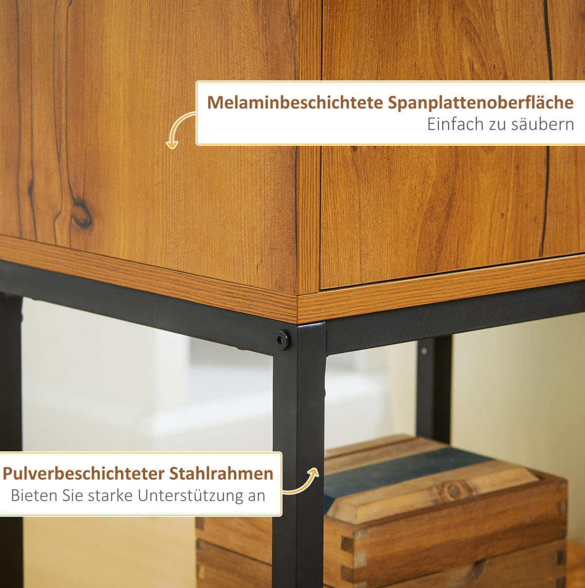 KONSOLENTISCH aus Stahl und Holzwerkstoff 40x30x76 cm Natur mit Schrank im Industriedesign - Naturfarben, Metall (30/40/76cm) - Modfu
