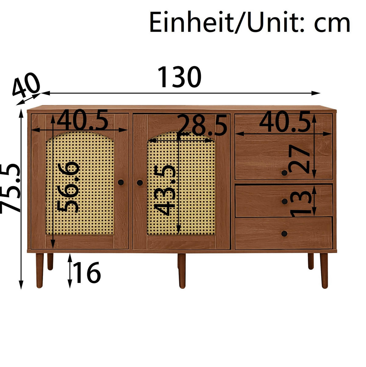 SIDEBOARD 130/40/75,5 cm in Holzfarbe mit Rattantüren und verstellbaren Böden - Eichefarben, Holzwerkstoff (130/75.5/40cm) - Flora Grace