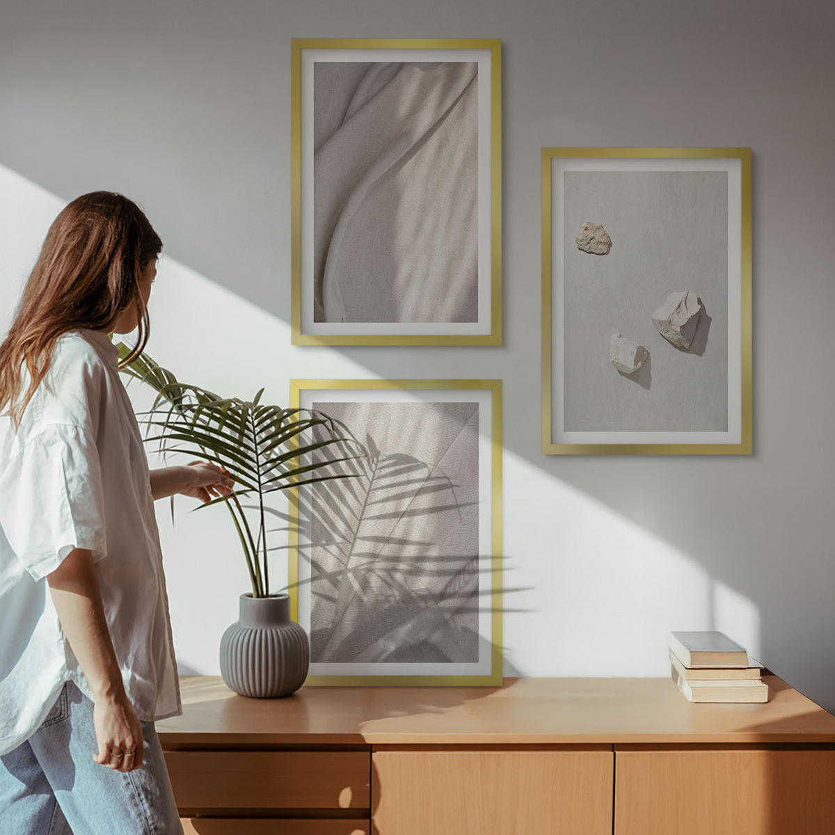 WANDBILDER 3er Set - 40x60 cm Goldrahmen - Nahaufnahmen der Struktur im Boho-Stil - Goldfarben, Kunststoff (40/60cm) - ArtPrintCave