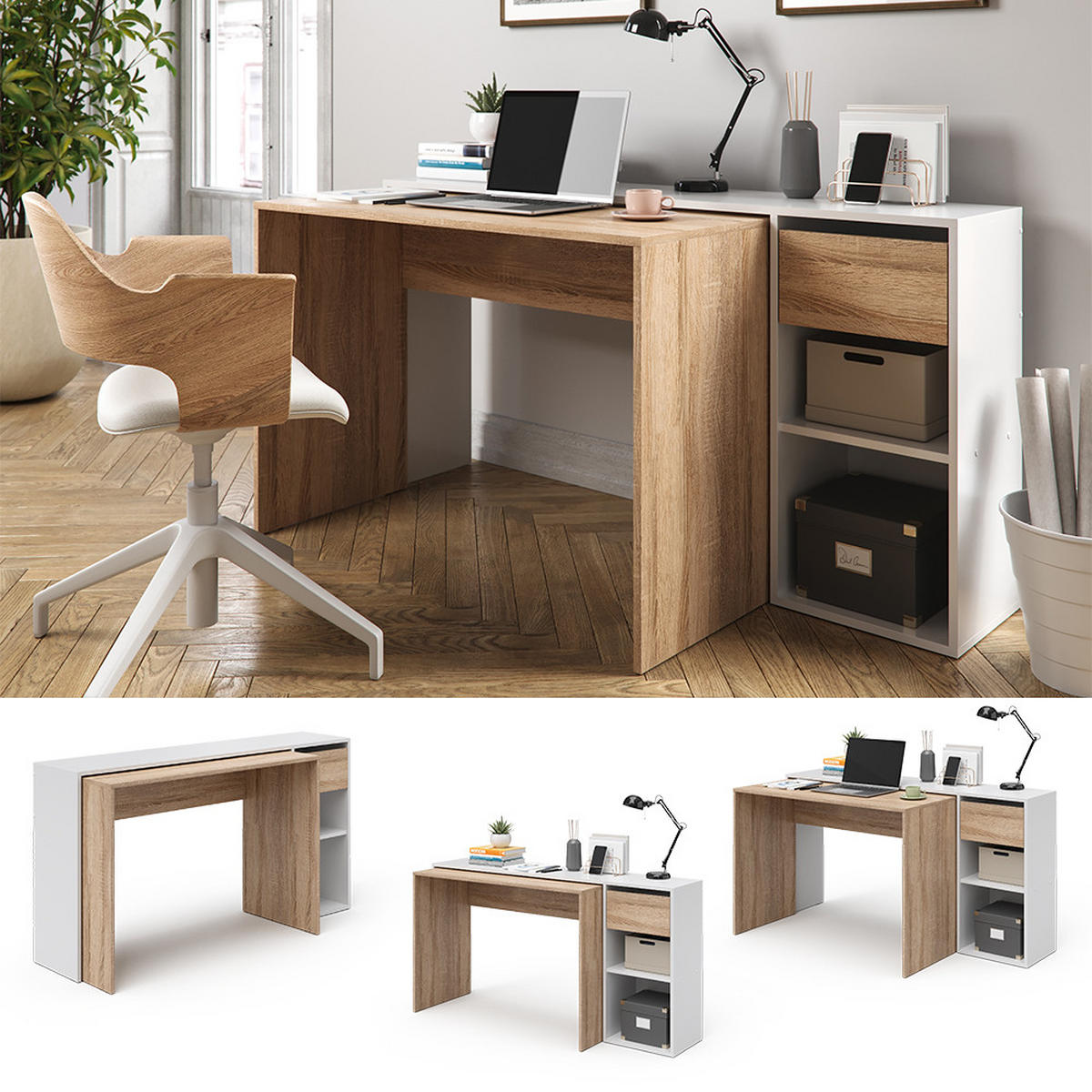 SCHREIBTISCH Ben Weiß/Sonoma 145 x 46.4 cm - Weiß/Sonoma Eiche, Holzwerkstoff (46.4/145/75.8cm) - Vicco