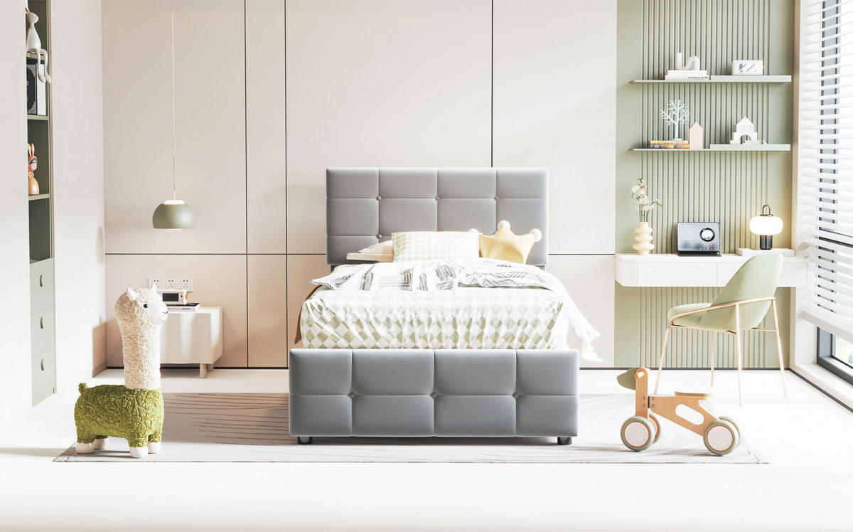KINDERPOLSTERBETT 90/200 cm Grau aus Samtstoff mit Stauraum - Grau, Textil (90/200cm) - OKMYHOME