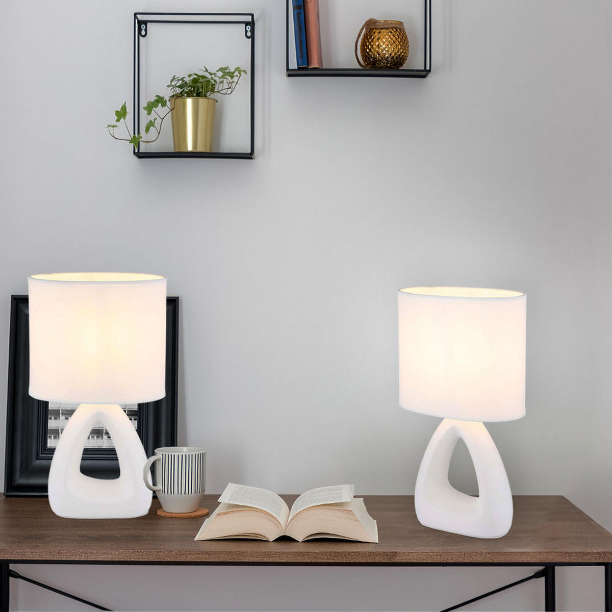 TISCHLEUCHTE Keramik Weiß TRIANGLE - Weiß, Textil (17/10/30cm) - Globo Lighting