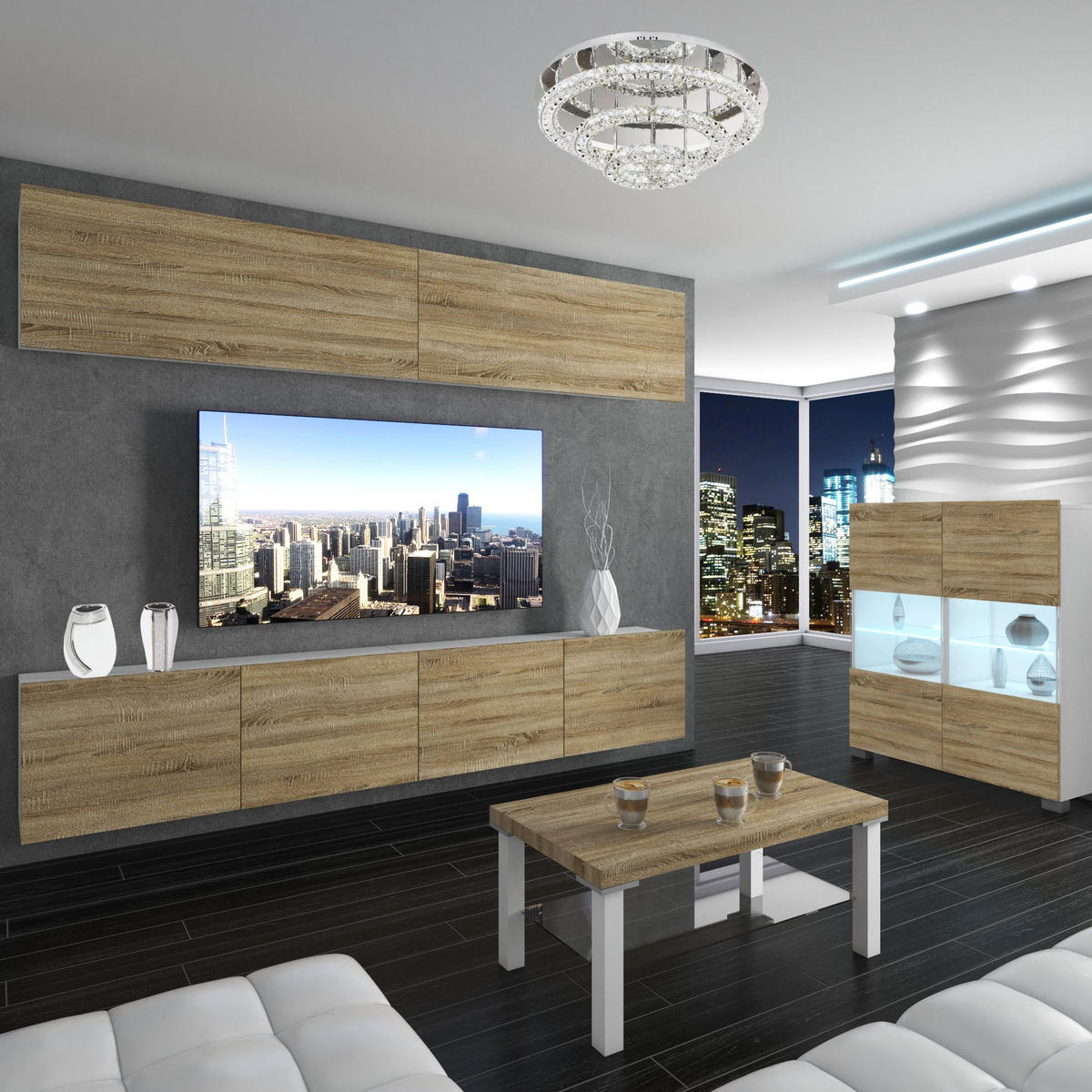 WOHNZIMMERWAND Schrankwand mit LED Sonoma Eiche - Beige, Holz (200/180/36cm) - B BELINI GROUP