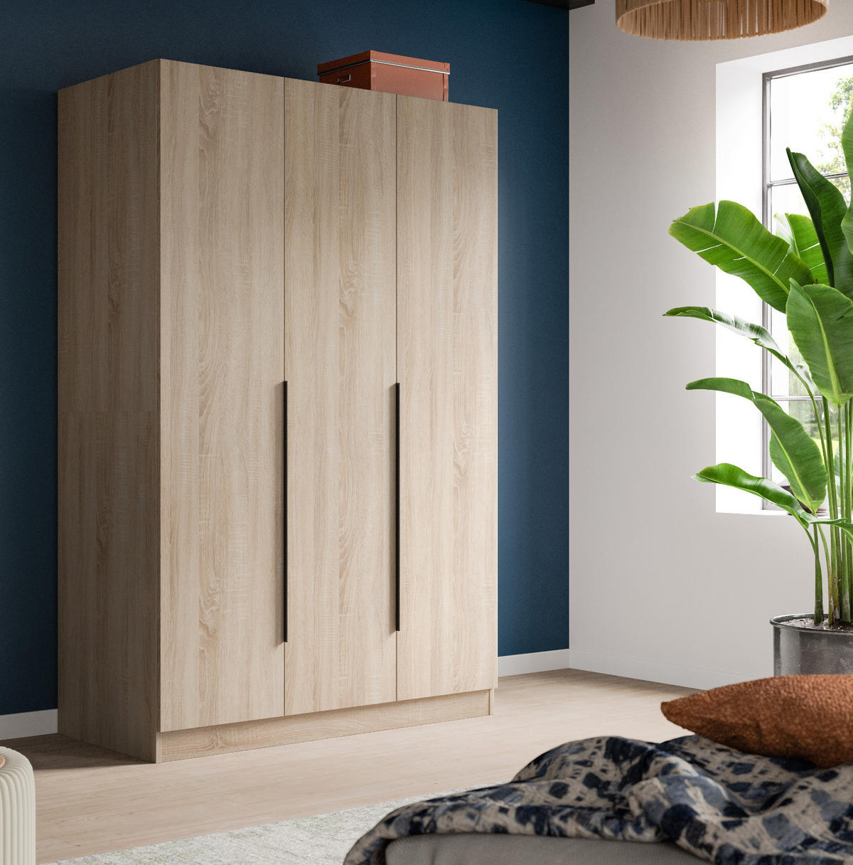 KLEIDERSCHRANK Eiche Sonoma 3-türig 120 x 181 cm, Drehtürenschrank mit zusätzlichen Einlegeböden - Eichefarben/Schwarz, Holzwerkstoff/Kunststoff (120/181/52cm) - Inn.Furn