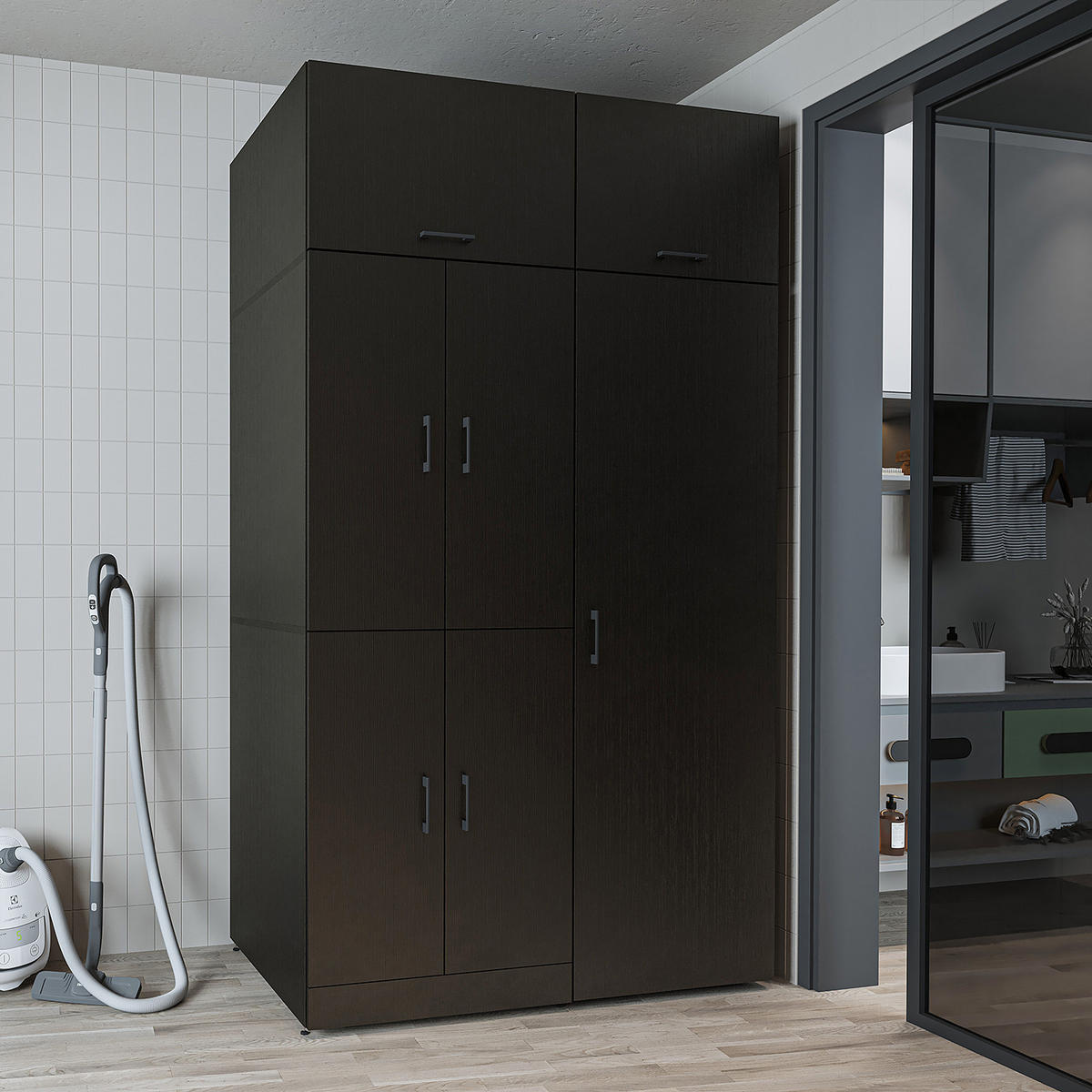 WASCHMASCHINENSCHRANK DORA-II 130cm Breit, 230cm Hoch - Schwarz, Holzwerkstoff (130/230/73.8cm)