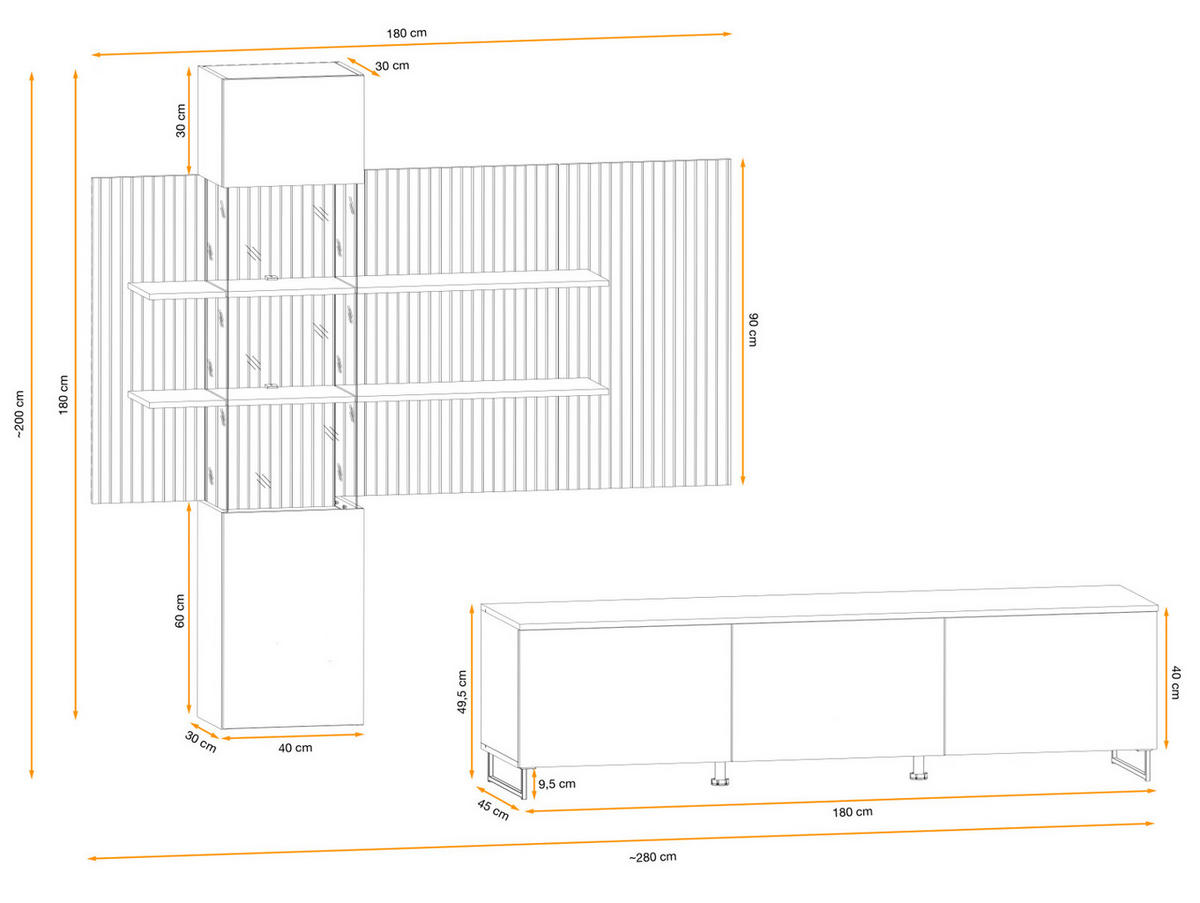 WOHNWAND Sand matt, Eiche Artisan 280 cm, Schrankwand inklusive LED Beleuchtung - Sandfarben/Schwarz, Holzwerkstoff/Kunststoff (280/200/45cm) - Furn.Design