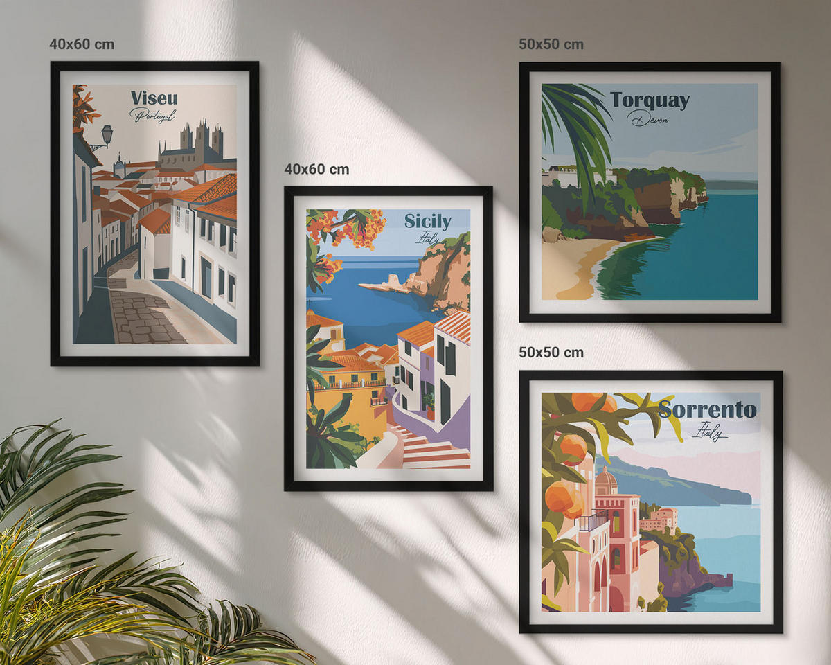 WANDBILDER 4er-Set - 50x50 cm & 40x60 cm Schwarzer Rahmen - Retro-Illustrationen von Weltstädten - Schwarz, Kunststoff (50/50cm) - ArtPrintCave