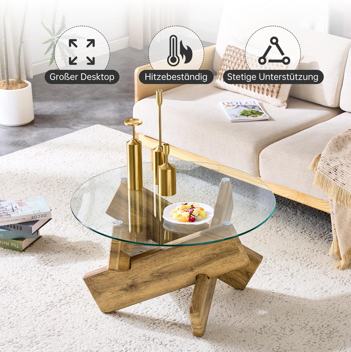 COUCHTISCH 79/45 cm Transparent/Holz aus MDF und Glas mit Kreuzgestell - Klar, Holzwerkstoff (79/79/45cm) - OKMYHOME