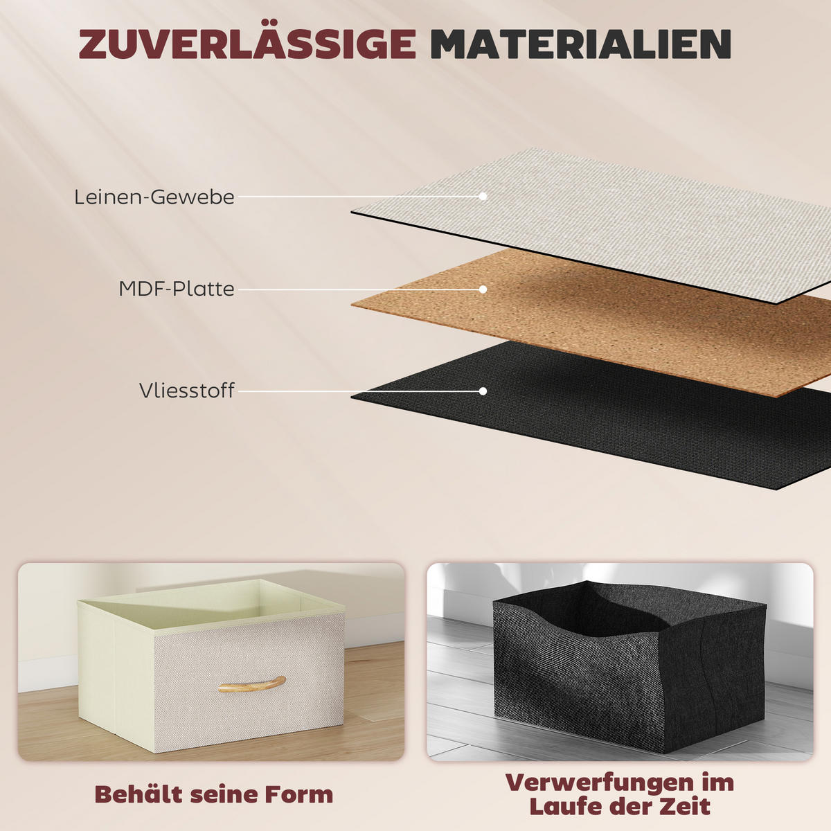 KOMMODE Schrank mit 8 Schubladen aus Stoff, Haken, Seitentasche, Stahlrahmen - Beige/Naturfarben, Holz/Textil (30/94.5/86cm) - HOMCOM