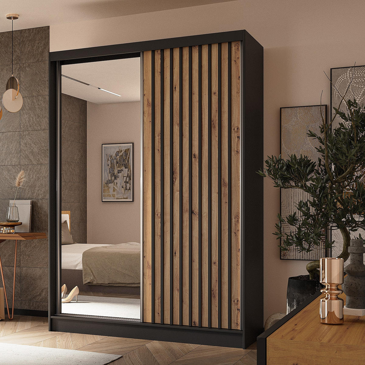 SCHWEBETÜRENSCHRANK LAMELLO 150/216/61 cm 2-türig mit Spiegel Schwarz - Schwarz/Eiche Artisan, Holzwerkstoff (150/216/61cm) - MASSENO