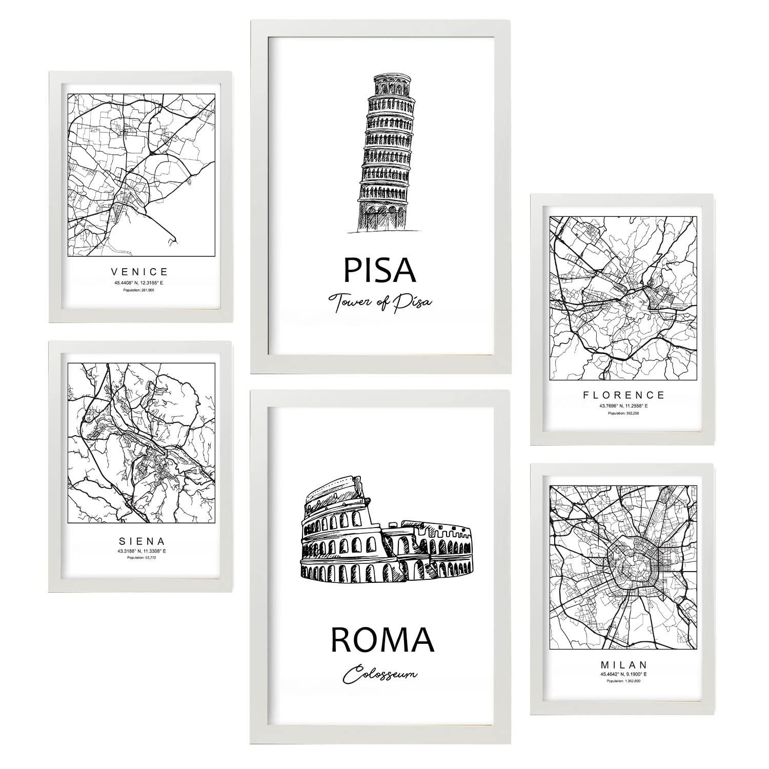 POSTER Set Mit 6 Drucke Von Italien Von Karten In Schwarz Weiß A3 & A4 Weißer Rahmen - Weiß, Papier (29/3cm) - Nacnic