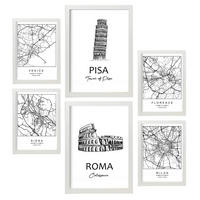 POSTER Set Mit 6 Drucke Von Italien Von Karten In Schwarz Weiß A3 & A4 Weißer Rahmen - Weiß, Papier (29/3cm) - Nacnic