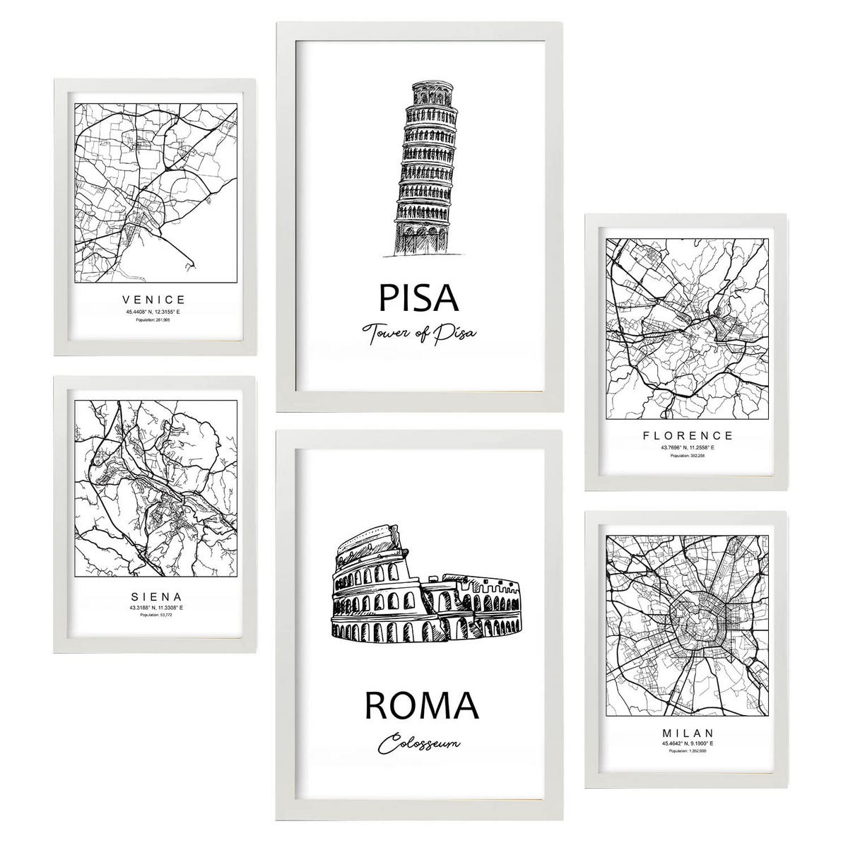 POSTER Set Mit 6 Drucke Von Italien Von Karten In Schwarz Weiß A3 & A4 Weißer Rahmen - Weiß, Papier (29/3cm) - Nacnic