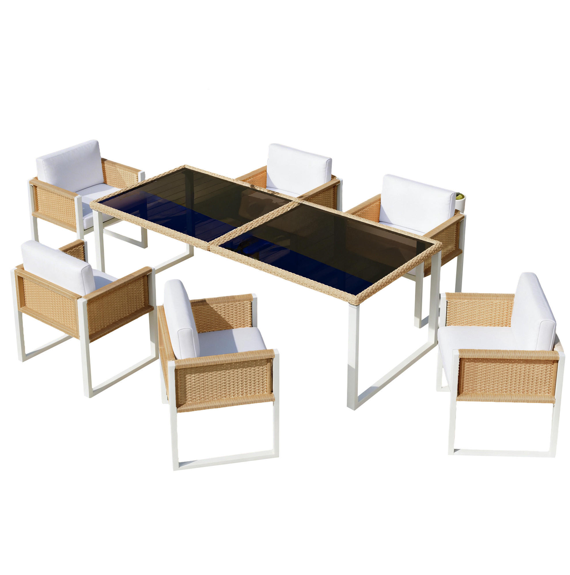 ZAHRADNÍ jídelní set z PE ratanu 170x80x75 cm hnědá/bílá se 6 židlemi, odnímatelnými potahy a nastavitelnými nožkami - hnědá, přírodní materiály - Modfu