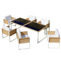 ZAHRADNÍ jídelní set z PE ratanu 170x80x75 cm hnědá/bílá se 6 židlemi, odnímatelnými potahy a nastavitelnými nožkami - hnědá, přírodní materiály - Modfu