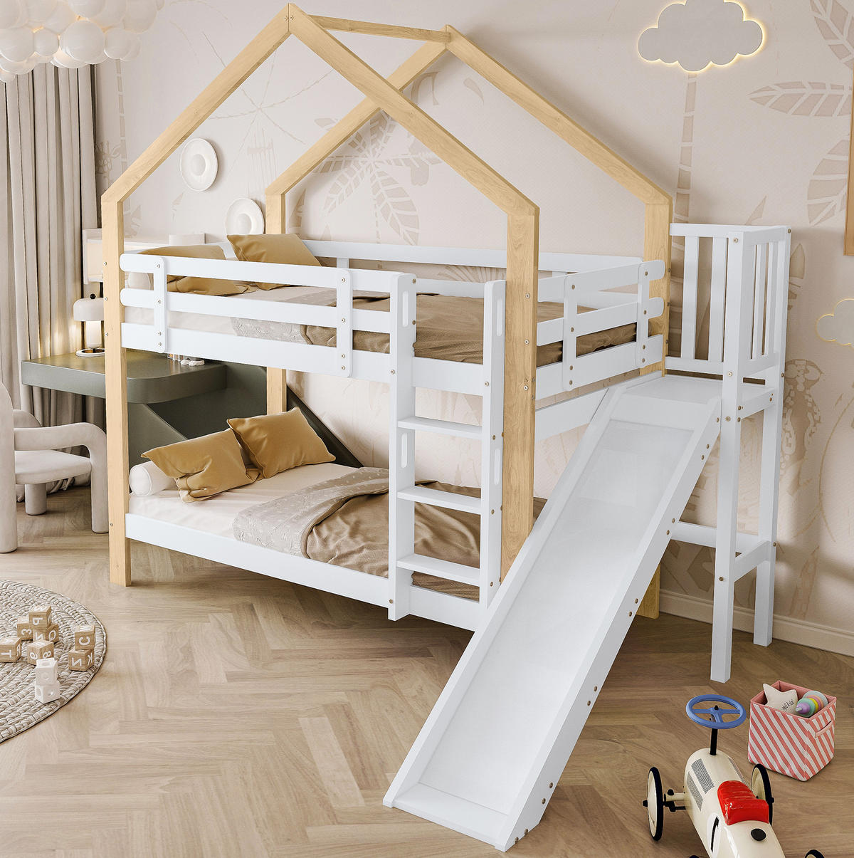 POSCHODOVÁ posteľ 90/200 cm biela/prírodná so šmykľavkou a 3-stupňovým rebríkom z masívneho dreva a MDF - biela, kompozitné drevo (90/200cm) - OKWISH
