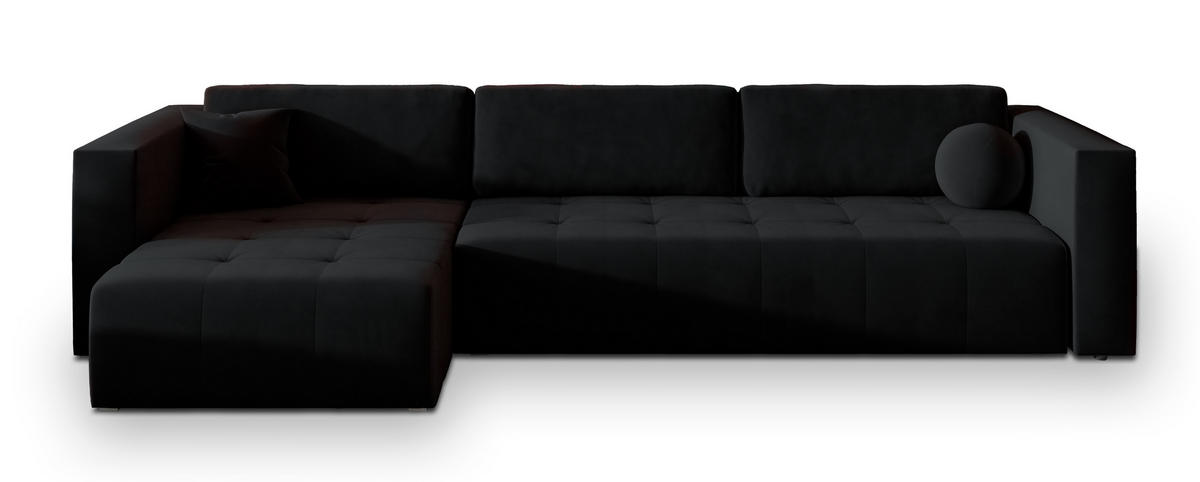 ECKSOFA OLVERA Schwarz Plüsch-Stoff mit Schlaffunktion - Schwarz, Holz (347/148cm) - MASSENO