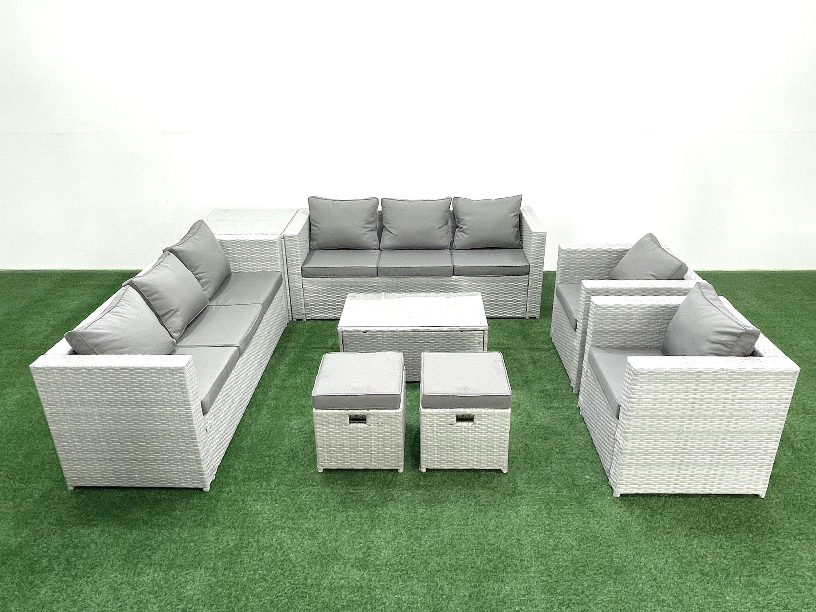 GARTENGARNITUR mit 3-SITZER SOFA,COUCHTISCH Polyrattan Hellgrau-Mix 10-Sitzer - Hellgrau/Grau, Glas/Kunststoff - Fimous