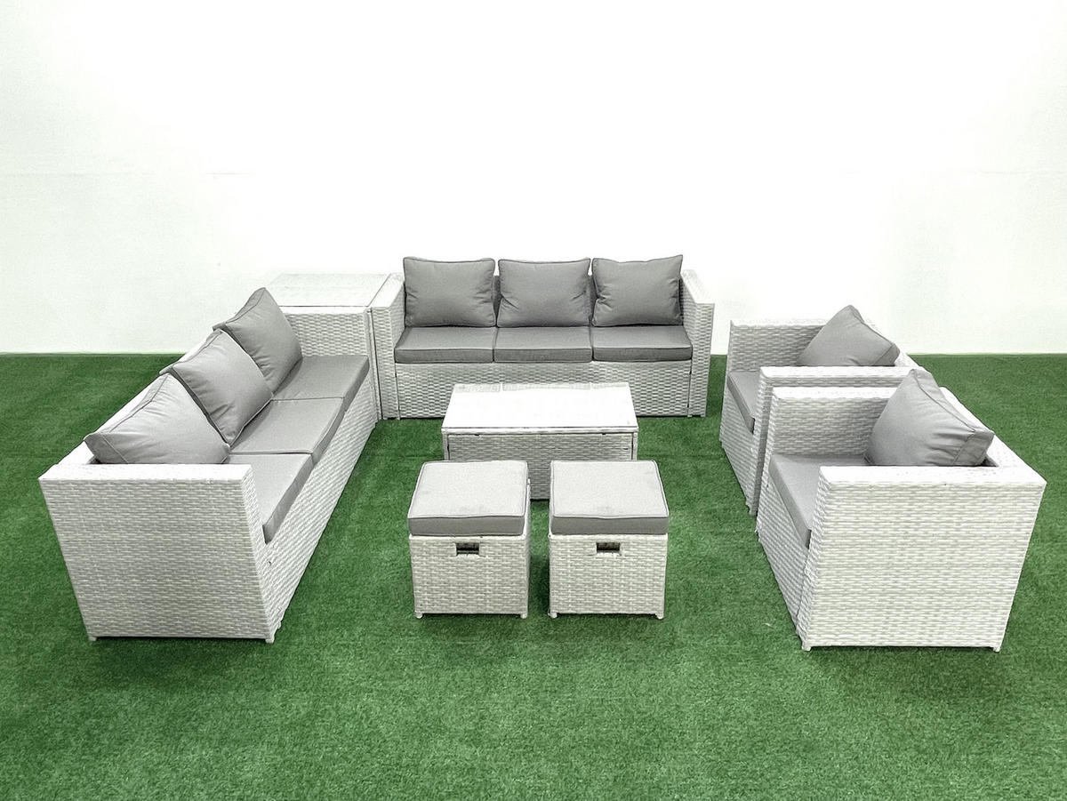 GARTENGARNITUR mit 3-SITZER SOFA,COUCHTISCH Polyrattan Hellgrau-Mix 10-Sitzer - Hellgrau/Grau, Glas/Kunststoff - Fimous