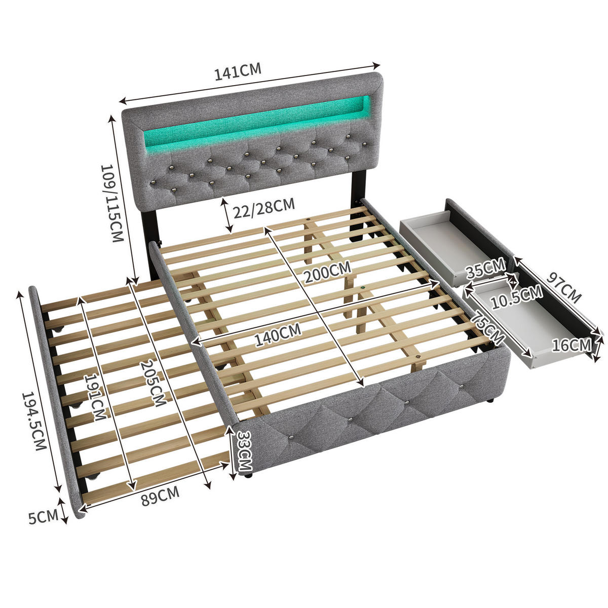 POLSTERBETT 140/200 cm Grau mit Bettauszug und 2 Schubladen - Grau, Textil (140/200cm) - OKWISH