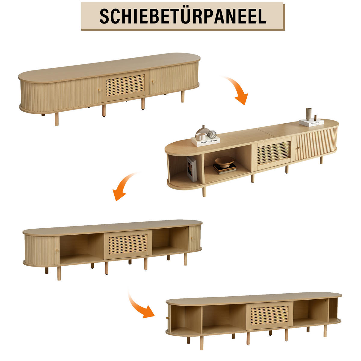 LOWBOARD Holzoptik Rattan Oval mit Schiebetür & Schublade für 75 Zoll TV - Naturfarben, Holzwerkstoff (180/40/40cm) - Urban Meuble