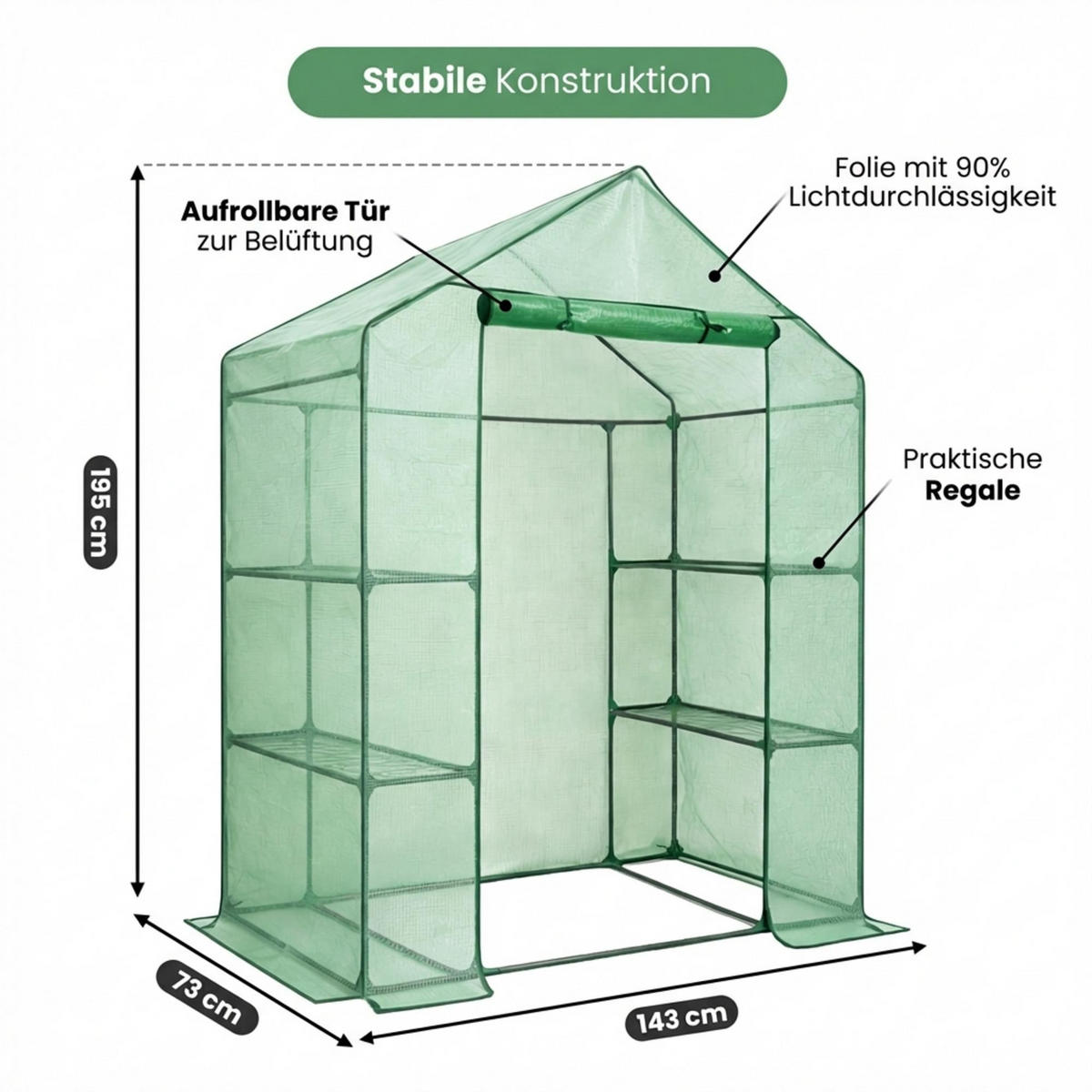 MINI Gewächshaus in Hausform, Grün, 143x73x195 cm - Grün, Metall (143/195/73cm) - Akord