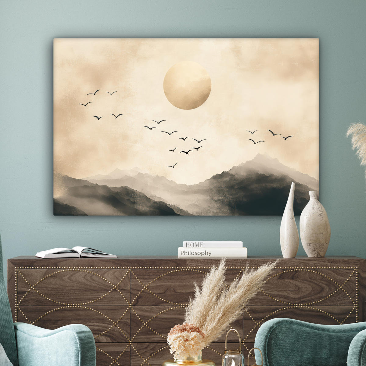 LEINWANDBILD Landschaft - Japandi - Vogel Groß 140x90 cm - Beige, Textil (140/90cm) - MuchoWow