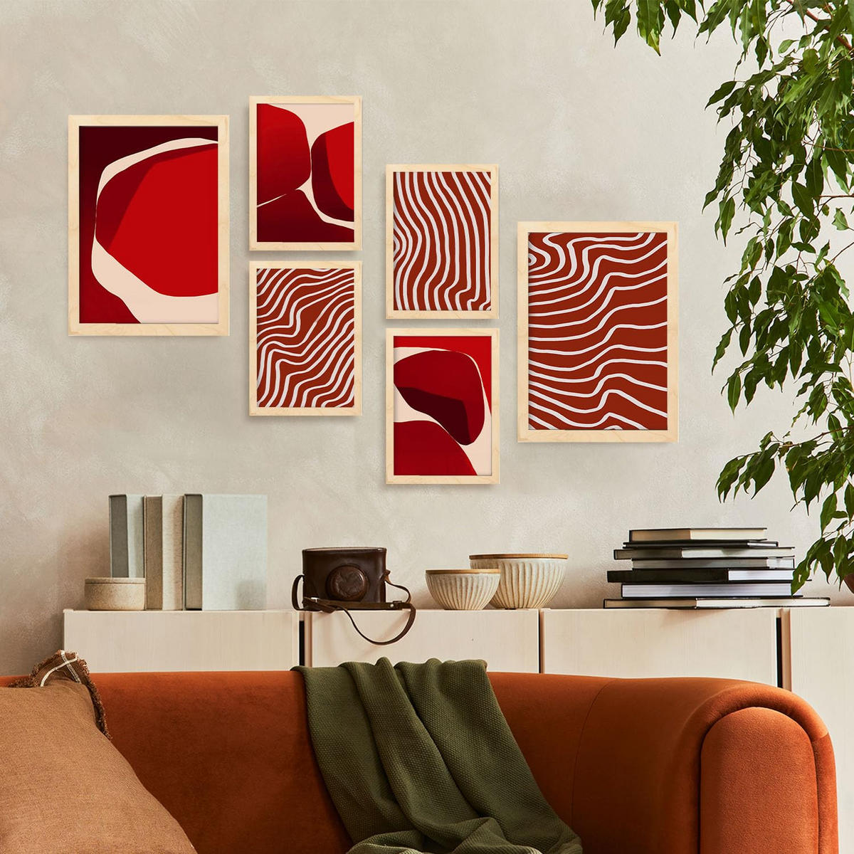 POSTER Set Mit 6 Rote Steine In Form Abstracts Ästhetische Dekorative Gemälde Für Ihr Wohnzimmer, Schlafzimmer, Zuhause A3 & A4 Rahmen Aus Hellem Holz - Beige, Papier (29/3cm) - Nacnic