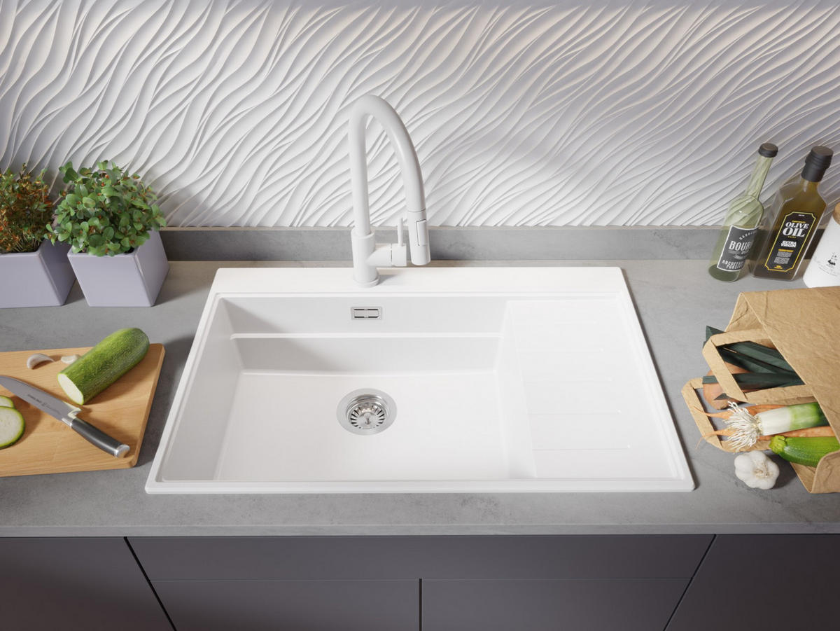 SPÜLBECKEN Sydney, 2-er set Weiß 78/50 cm 1 Becken + Ablauf-Set + Küchenzubehörset ab 60er Unterschrank - Chromfarben/Beige, Kunststoff (78/20/50cm) - Primagran