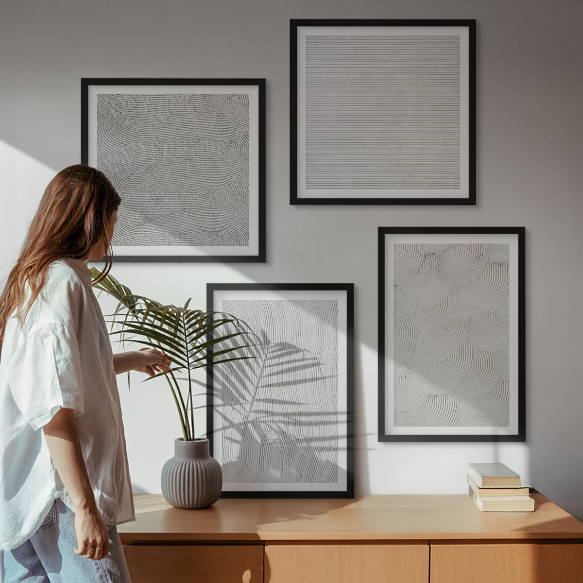 WANDBILDER 4er-Set - 50x50 cm & 40x60 cm Schwarzer Rahmen - Sandmuster geometrische Strukturen - Schwarz, Kunststoff (50/50cm) - ArtPrintCave