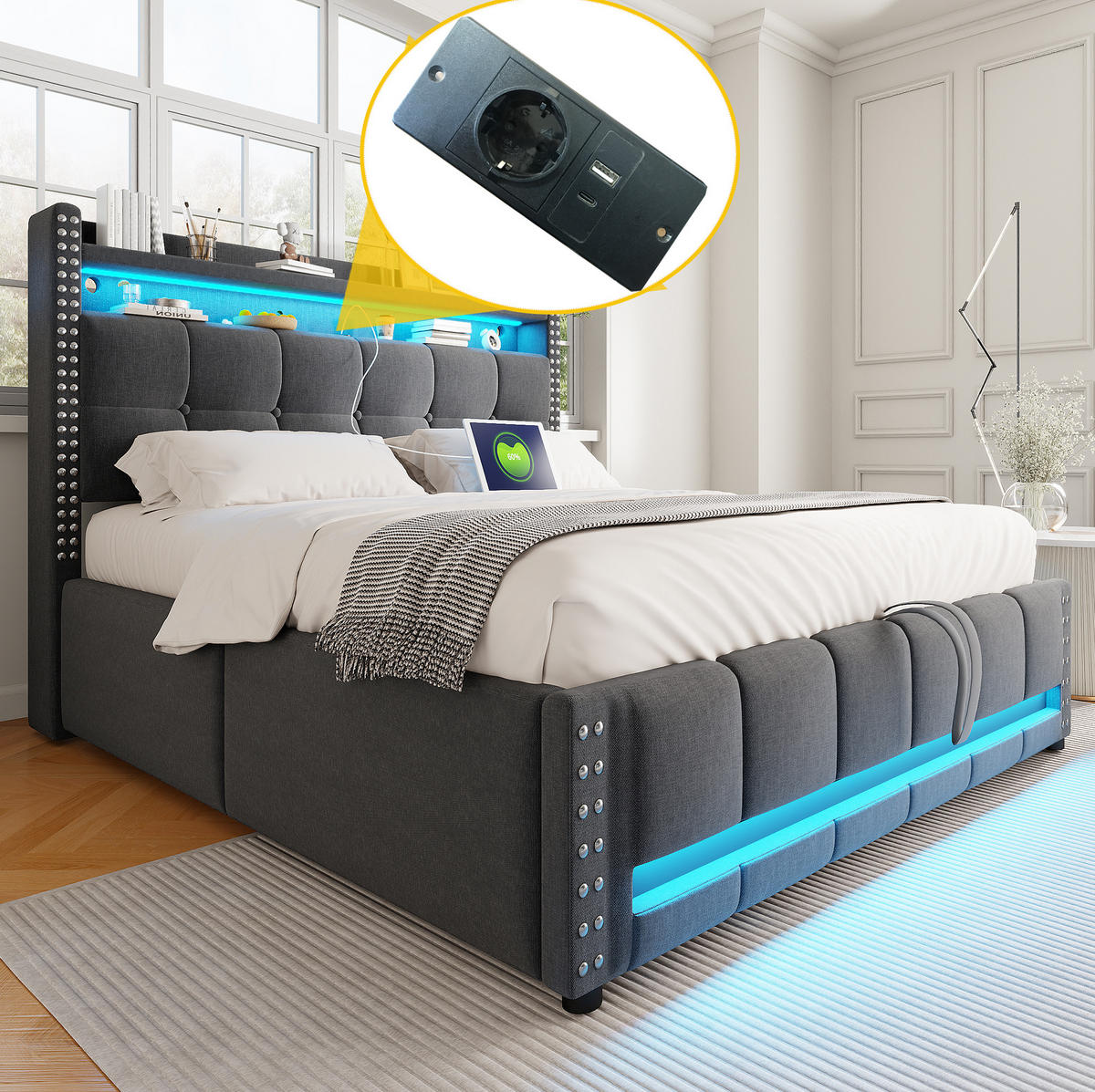 POLSTERBETT mit Stauraum und LED 140x200 cm Grau - Grau, Metall (140/200cm) - Meubliv