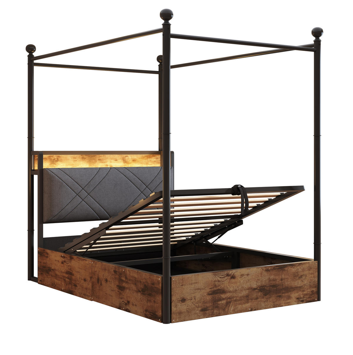 METALLBETT aus Metall 90x190 cm Schwarz mit LED, USB-/Typ-C und hydraulischem Bettkasten - Schwarz, Metall (90/190cm) - Modfu