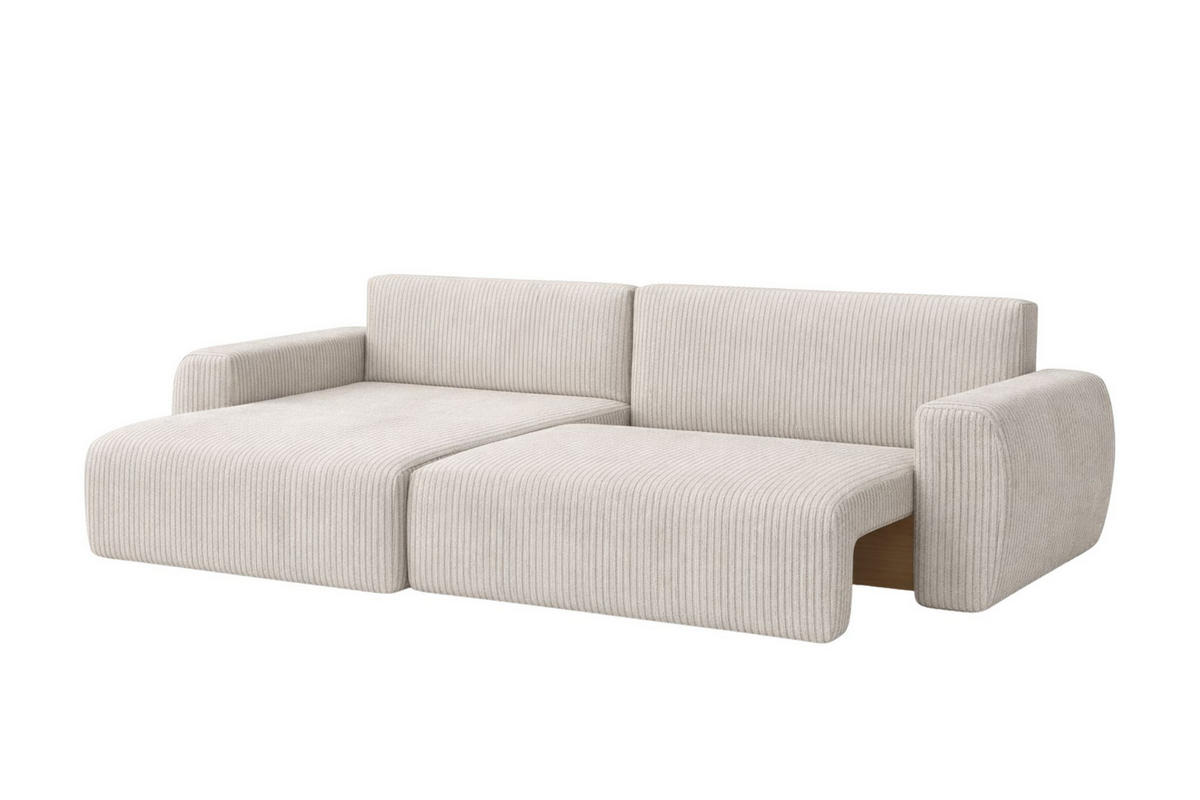 ECKSOFA Mit Schlaffunktion, Ariel XL, Cordstoff, Stoff Poso, Beige, Links - Creme, Holz (280/142cm) - Kaiser Möbel