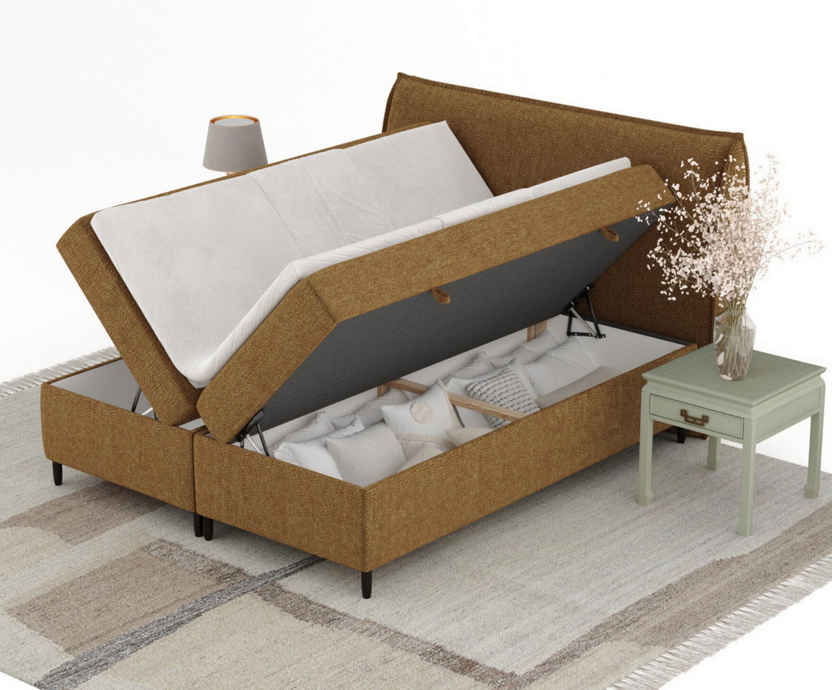 BOXBETT 160/200 cm Corvus, in Honigfarben, Matratze, Topper, Bettkasten, H4 = sehr fest - Schwarz/Honig, Holz/Holzwerkstoff (160/200cm) - Maison de Reve