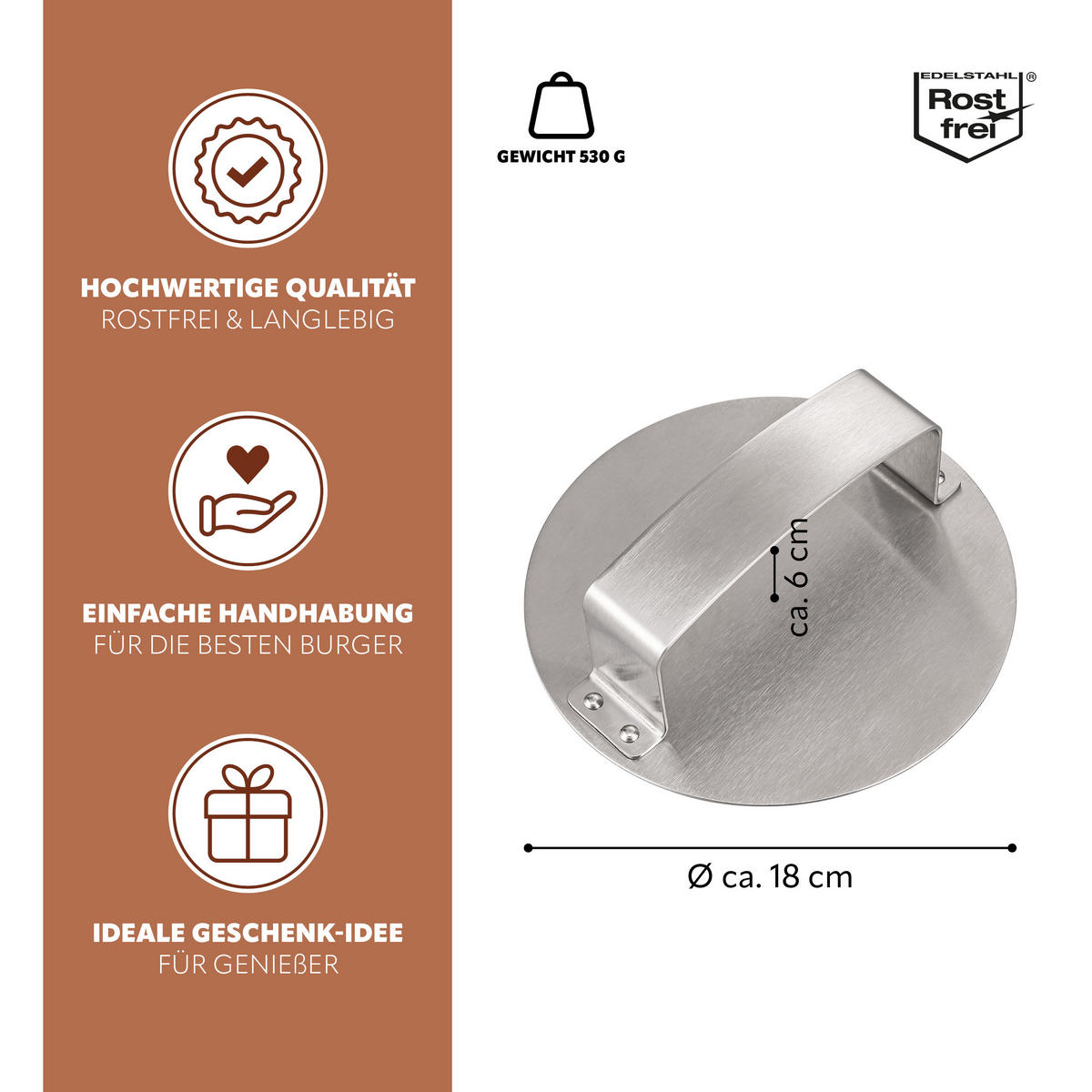 BURGERPRESSE, silber, Edelstahl - Edelstahlfarben, Metall (18/6/18cm) - bremermann
