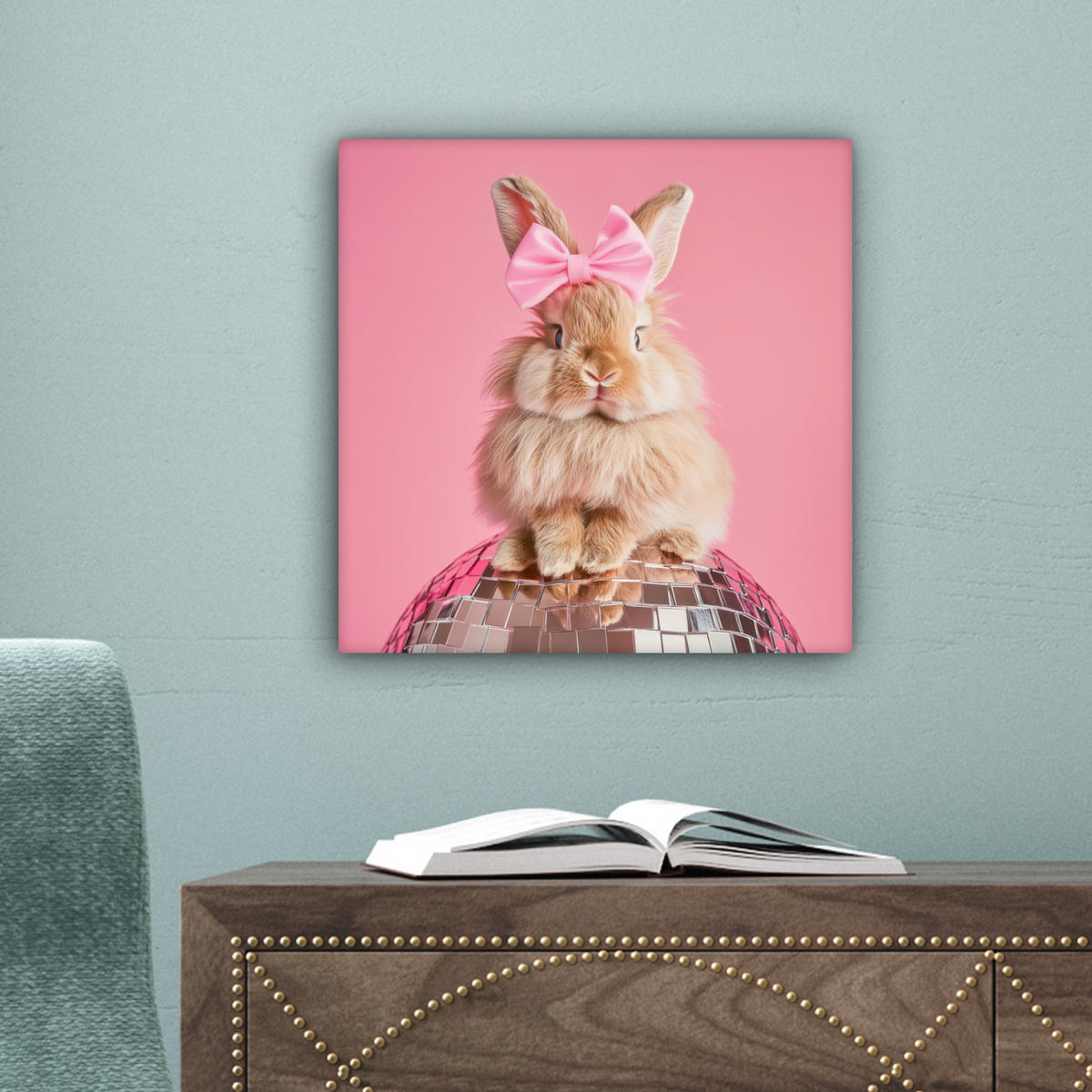 LEINWANDBILD Schleife - Discoball - Kaninchen Deko Wohnzimmer 20x20 cm - Pink, Textil (20/20cm) - MuchoWow