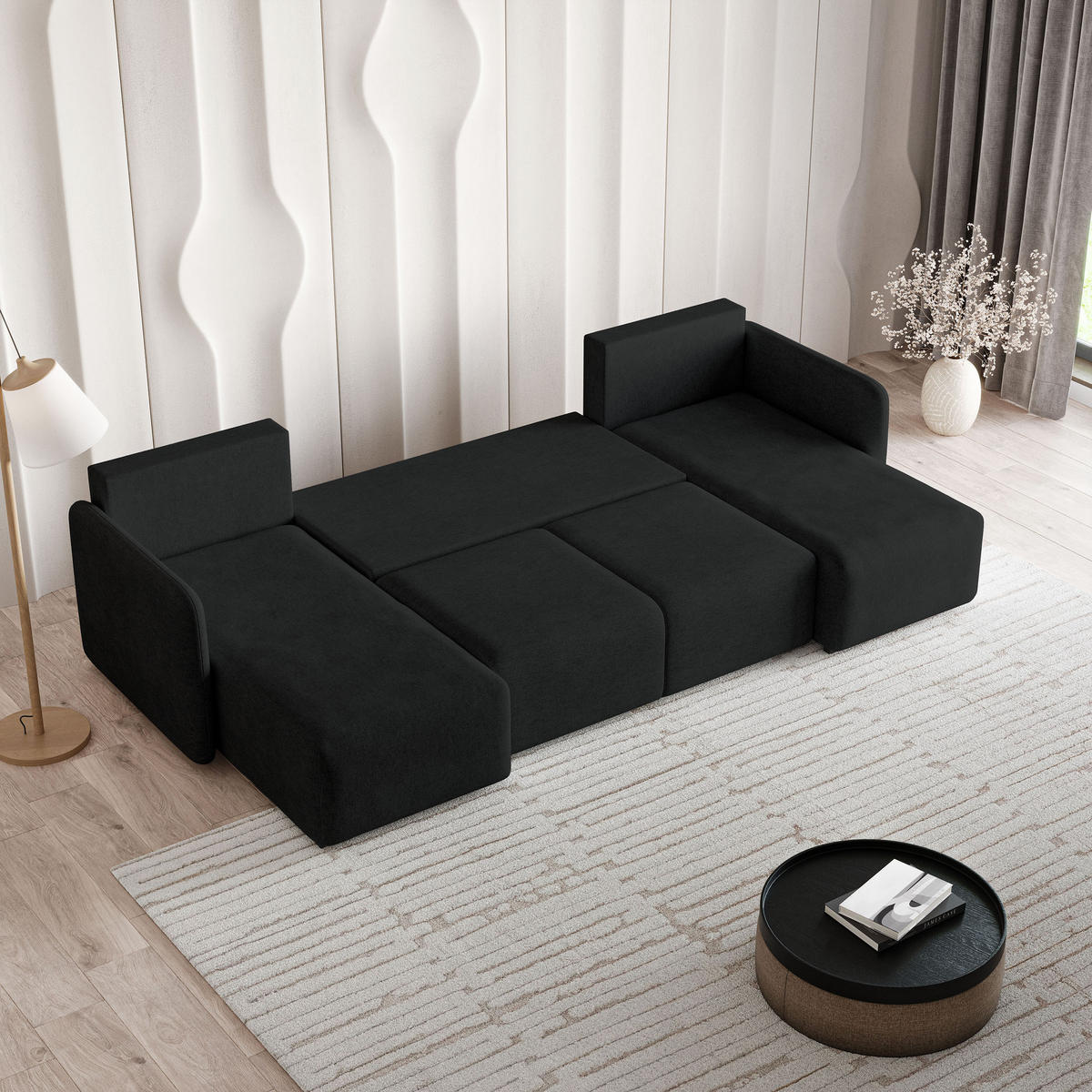 WOHNLANDSCHAFT NUBERO Schwarz Geflochtener Stoff mit Schlaffunktion - Schwarz, Holz (285/85/143cm) - MASSENO