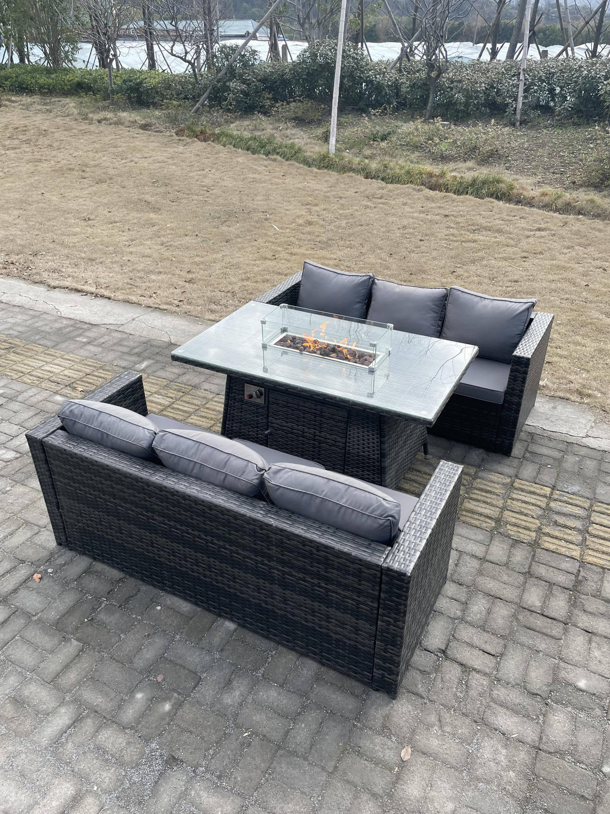 GARTENTISCHGRUPPE Polyrattan 5-Sitzer - Dunkelgrau/Grau, Glas/Kunststoff - Fimous