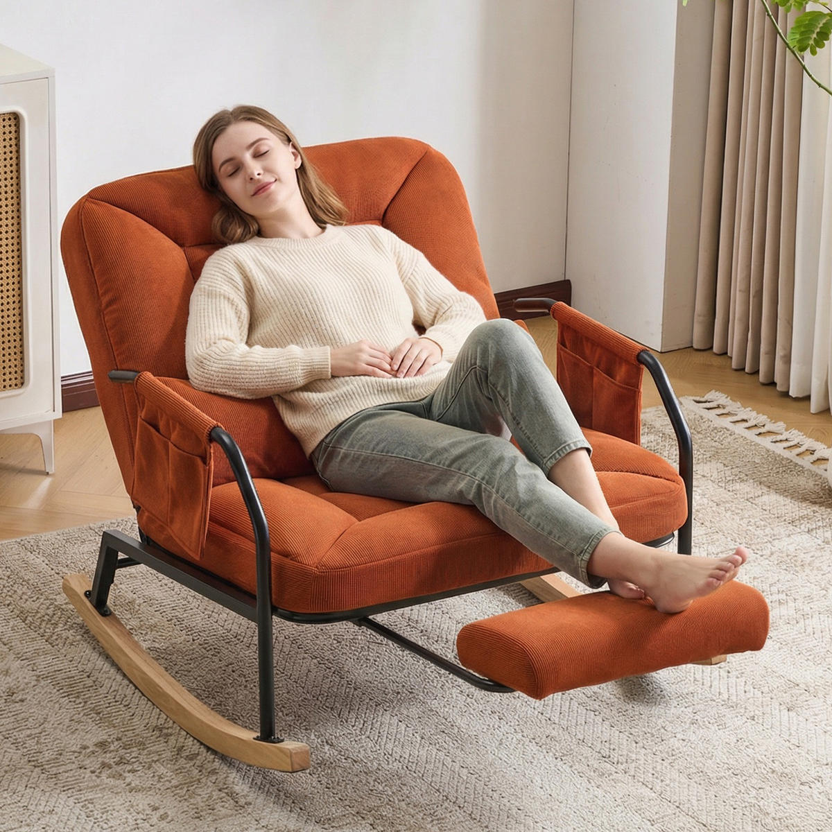 SCHAUKELSTUHL,ÜBERGROSS mit Fußstütze verstellbare Lehne Cord Bauernstil,braun - Braun, Textil (87/89/88cm) - Vallsero