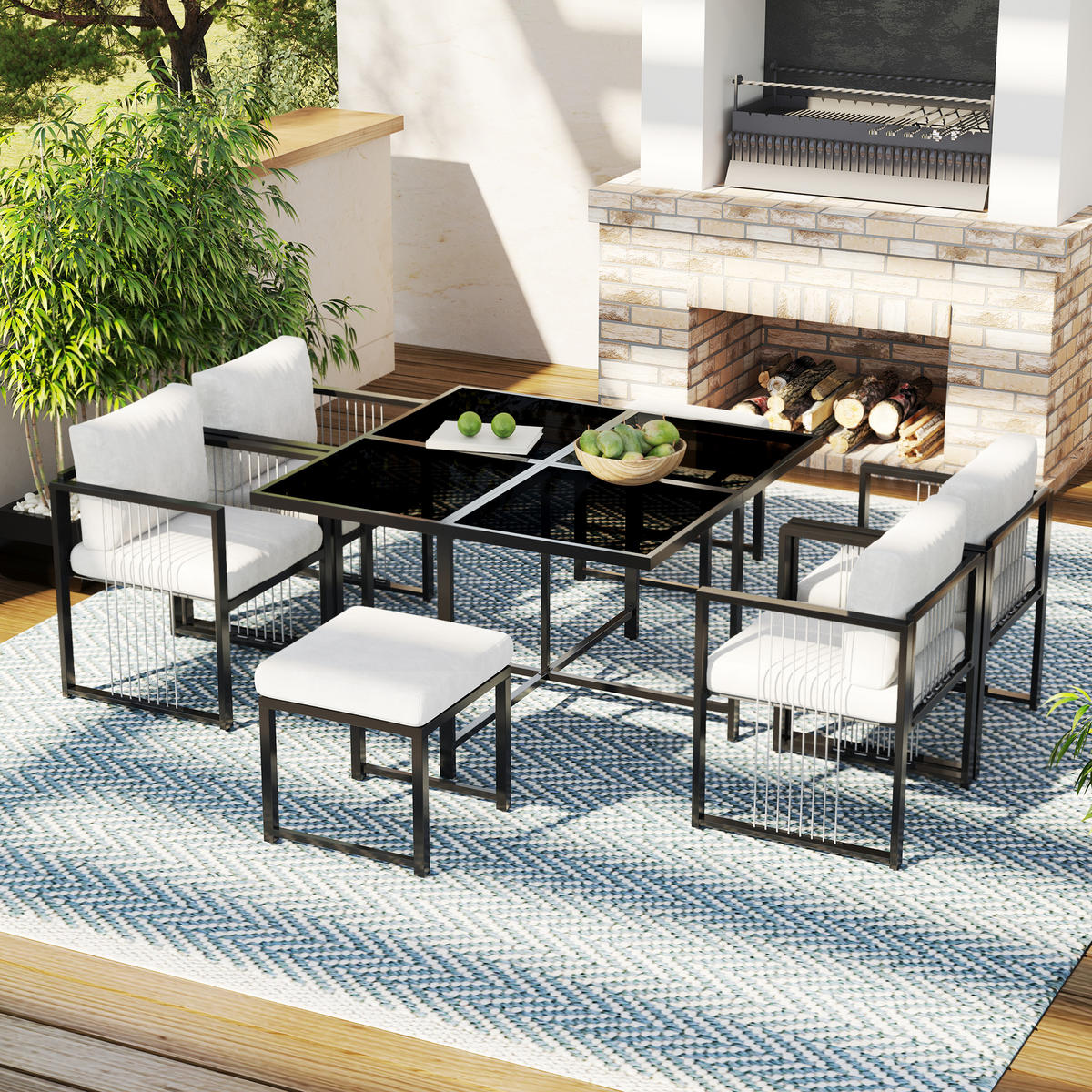 GARTENSET 7 tlg 6 Personen Tisch Stühle - Schwarz, Metall - LEBENLANG