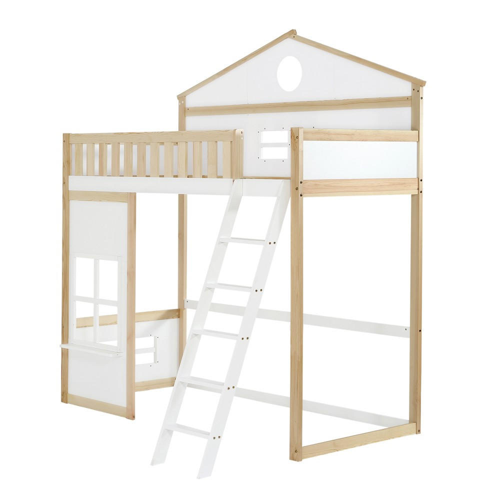 HAUSBETT 90x200cm mit Treppe in Weiß+Natur - Weiß, Holz (90/200cm) - KOMHTOM