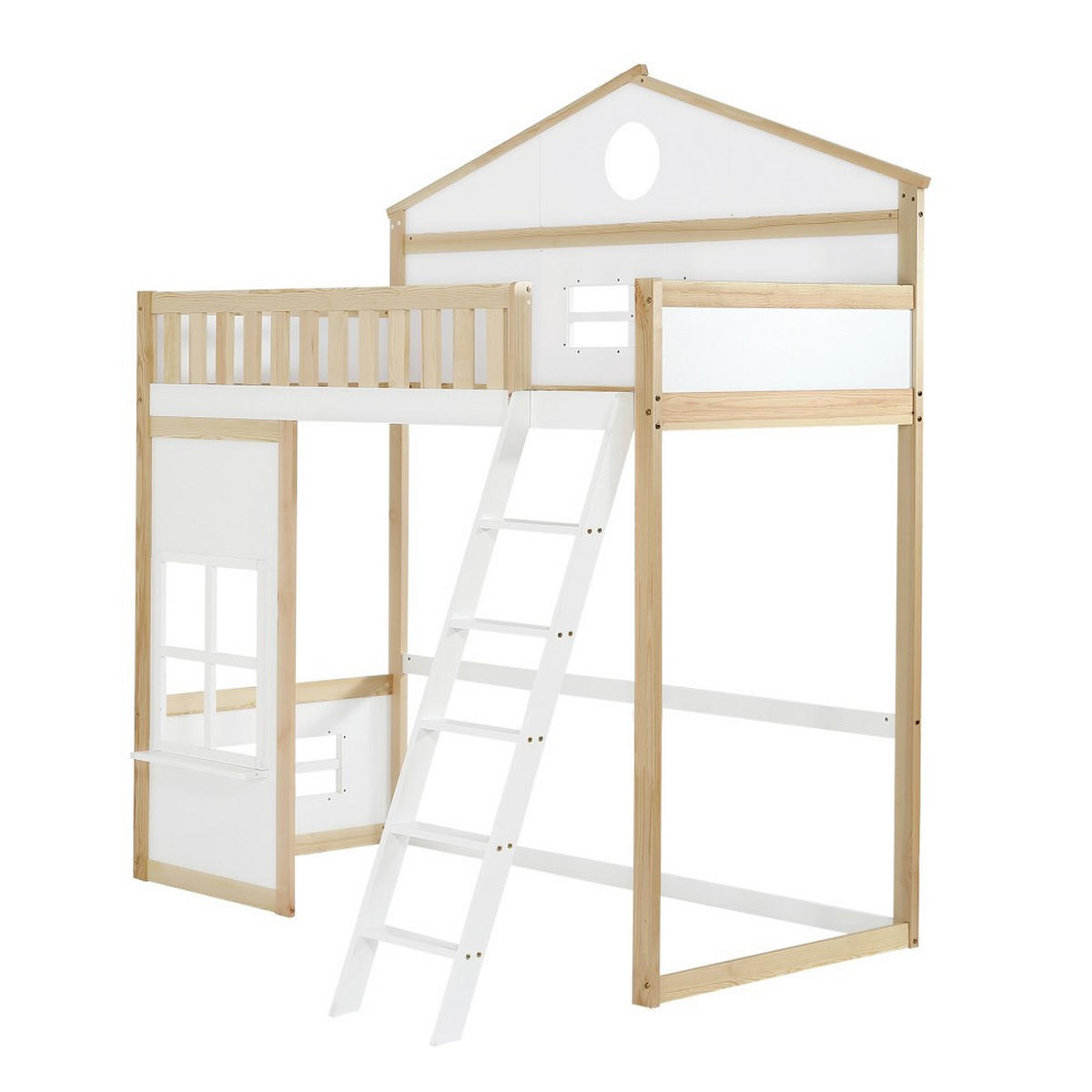 HAUSBETT 90x200cm mit Treppe in Weiß+Natur - Weiß, Holz (90/200cm) - KOMHTOM